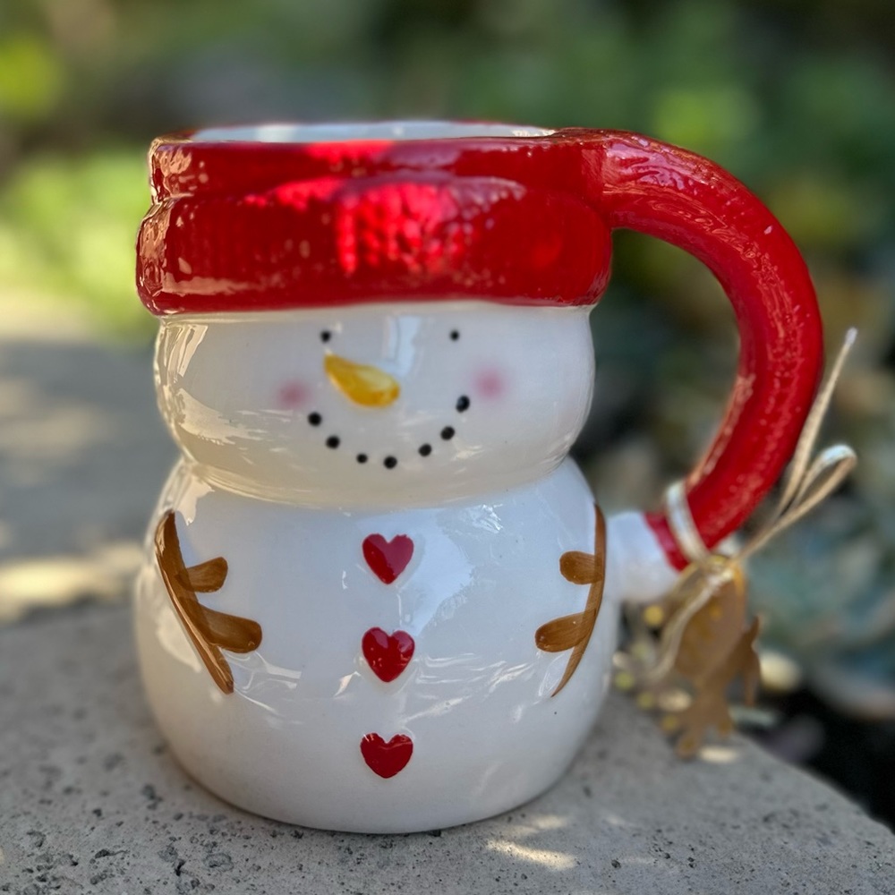 Holly & Joy Christmas Snowman mug heart buttons holiday cocoa bar coffee tea - Picture 7 of 7